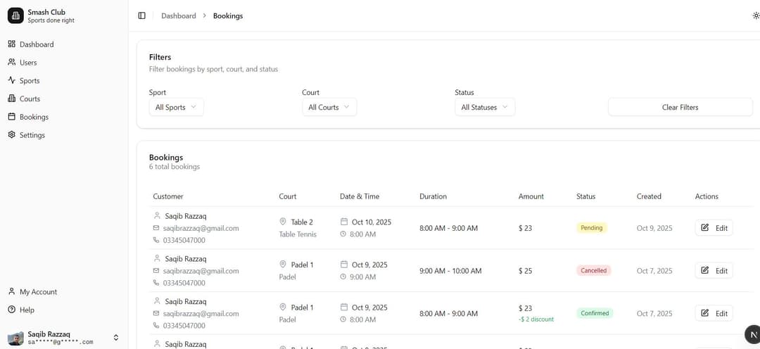 Smash Club Sports Court Booking System Screenshot
