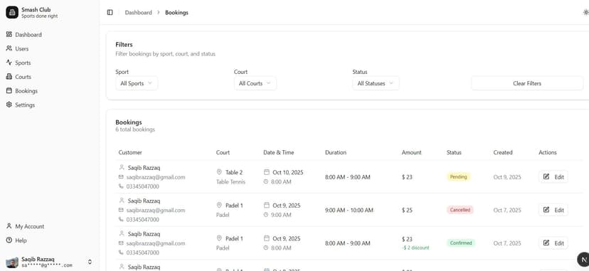 Smash Club Sports Court Booking System Screenshot